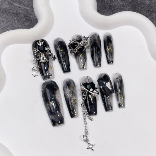 Dark smudged hot girl long pendant wearable nail stickers 10 Pieces