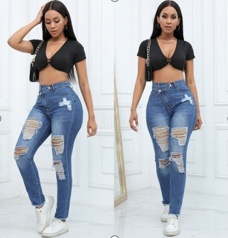 High Waisted Ripped Stretchy Pants Classic Distressed Jeans for Women