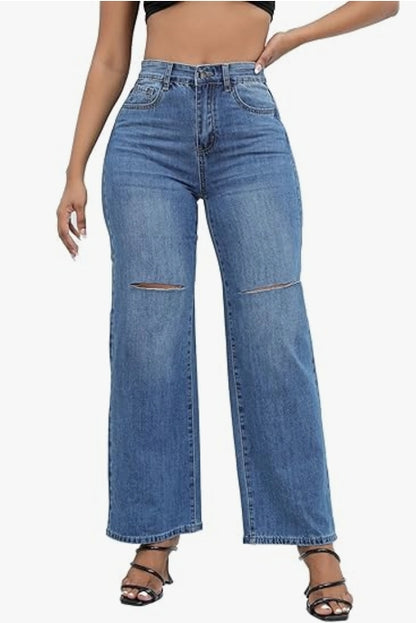 Women's wide leg straight washed high waist jeans