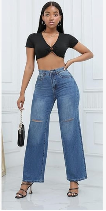 Women's wide leg straight washed high waist jeans