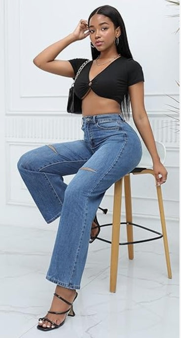 Women's wide leg straight washed high waist jeans