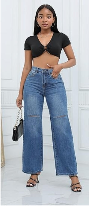 Women's wide leg straight washed high waist jeans