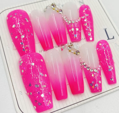 Peach pink nail art with diamonds 10 Pieces