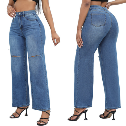 Women's wide leg straight washed high waist jeans