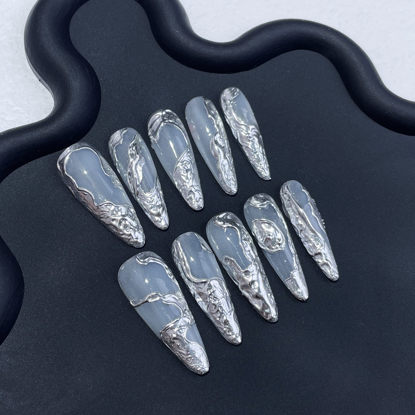 High-end cold-toned silver magic mirror powder finished nail art patches 10 pieces