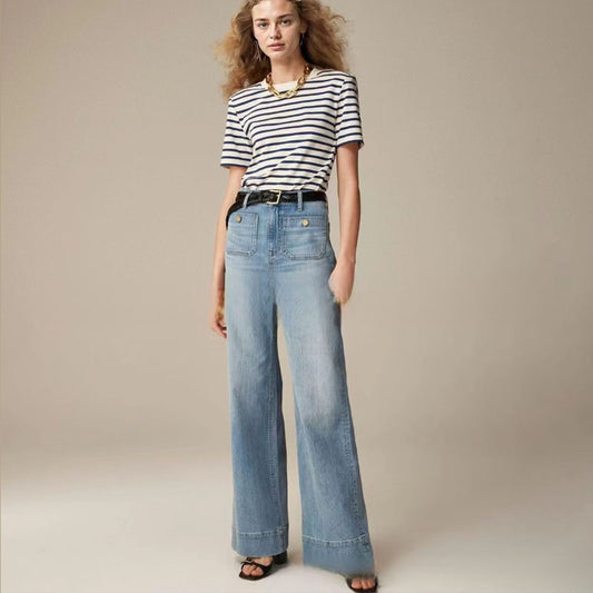 Women's New 2024 Loose Wide Leg Large Size Casual Washed Button Micro Flared Jeans for Women