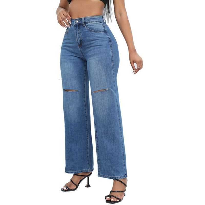 Women's wide leg straight washed high waist jeans