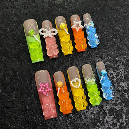 Candy color three-dimensional bear nail patch manicure patch fake nails 10 Pieces