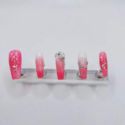 Peach pink nail art with diamonds 10 Pieces