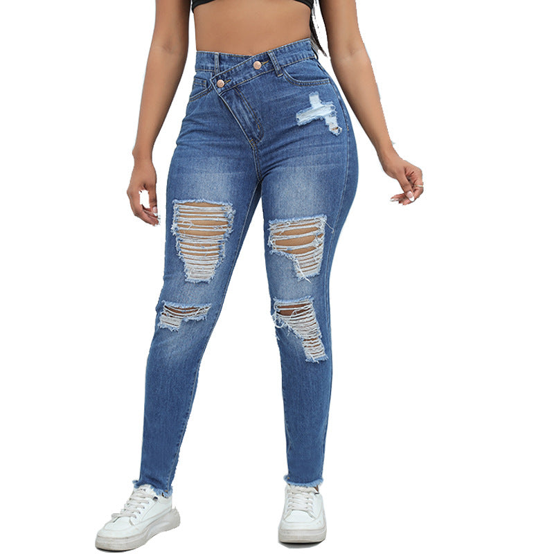 High Waisted Ripped Stretchy Pants Classic Distressed Jeans for Women